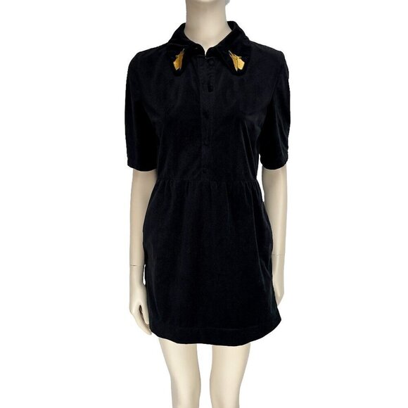 IDANO French Dark Academia Goth Black Velvet Dress Wolf! Embroidered Collar sz 1 - Picture 1 of 8